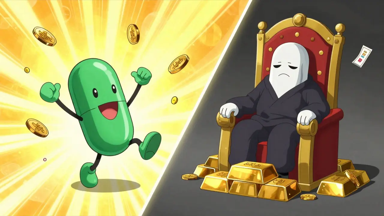 Surreal anime comparison of cheap generic pills vs expensive brands