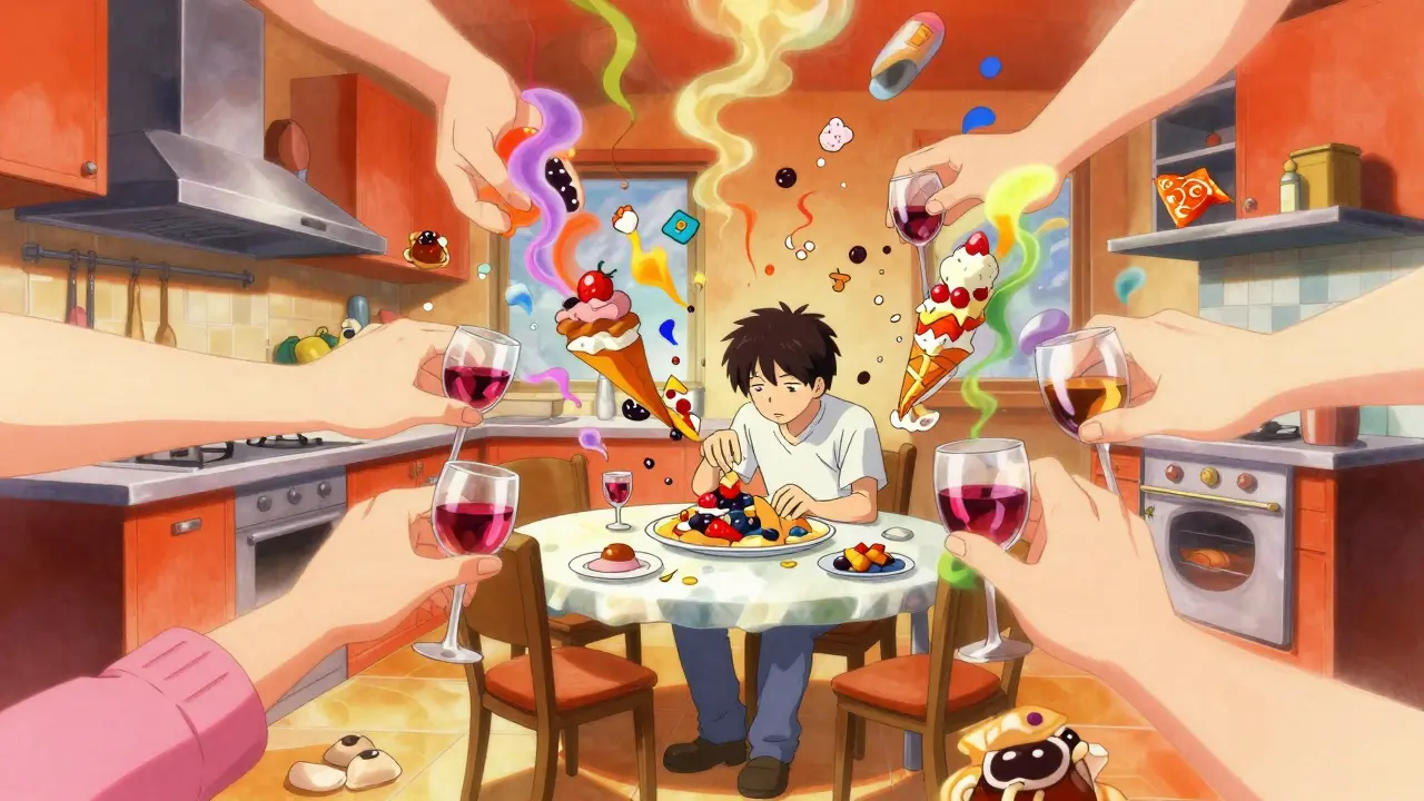 Surreal anime scene of invisible calorie creep in kitchen