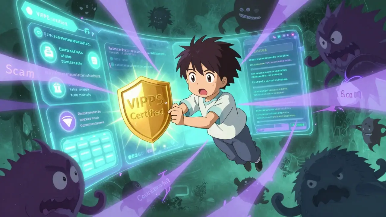 Surreal anime scene of safely navigating online pharmacies avoiding scams.