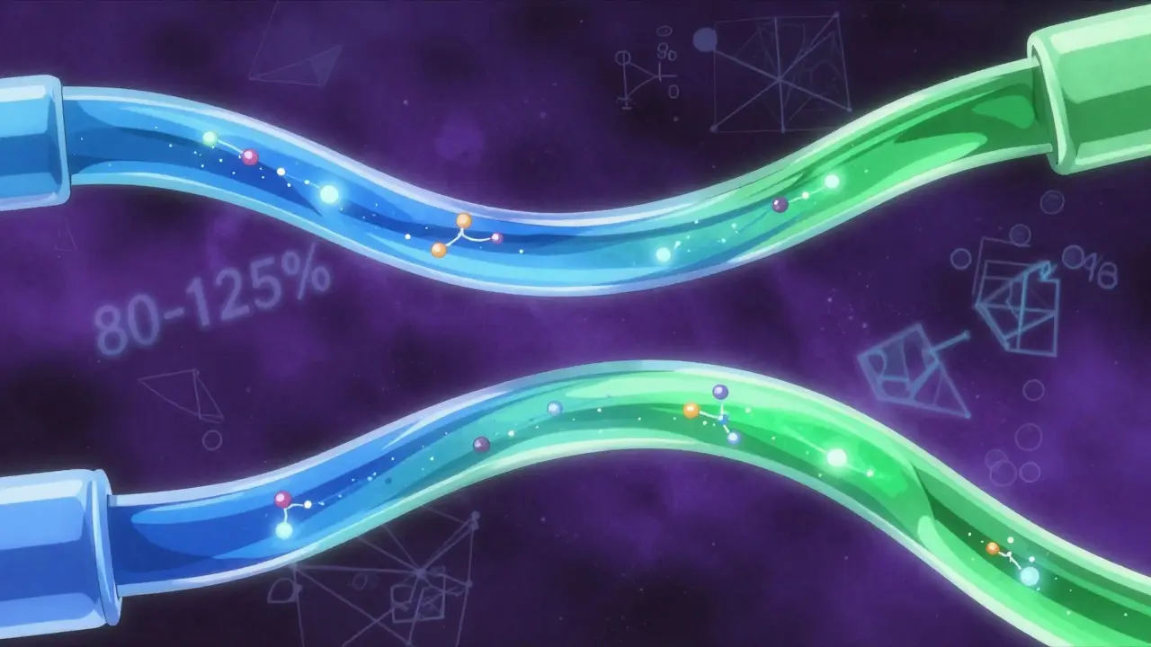 Abstract art showing synchronized brand and generic drug molecules