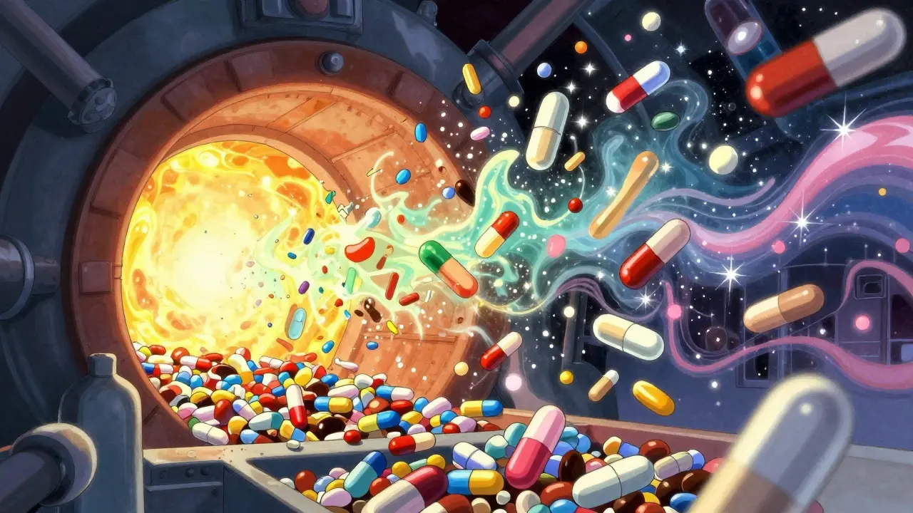 Abstract, colorful visualization of pharmaceutical waste being safely incinerated