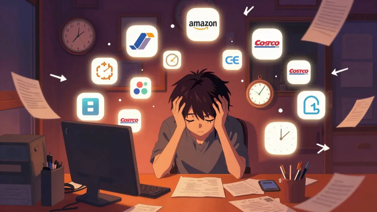 Anime style: Exhausted person struggling with time-consuming price comparison across floating pharmacy icons.