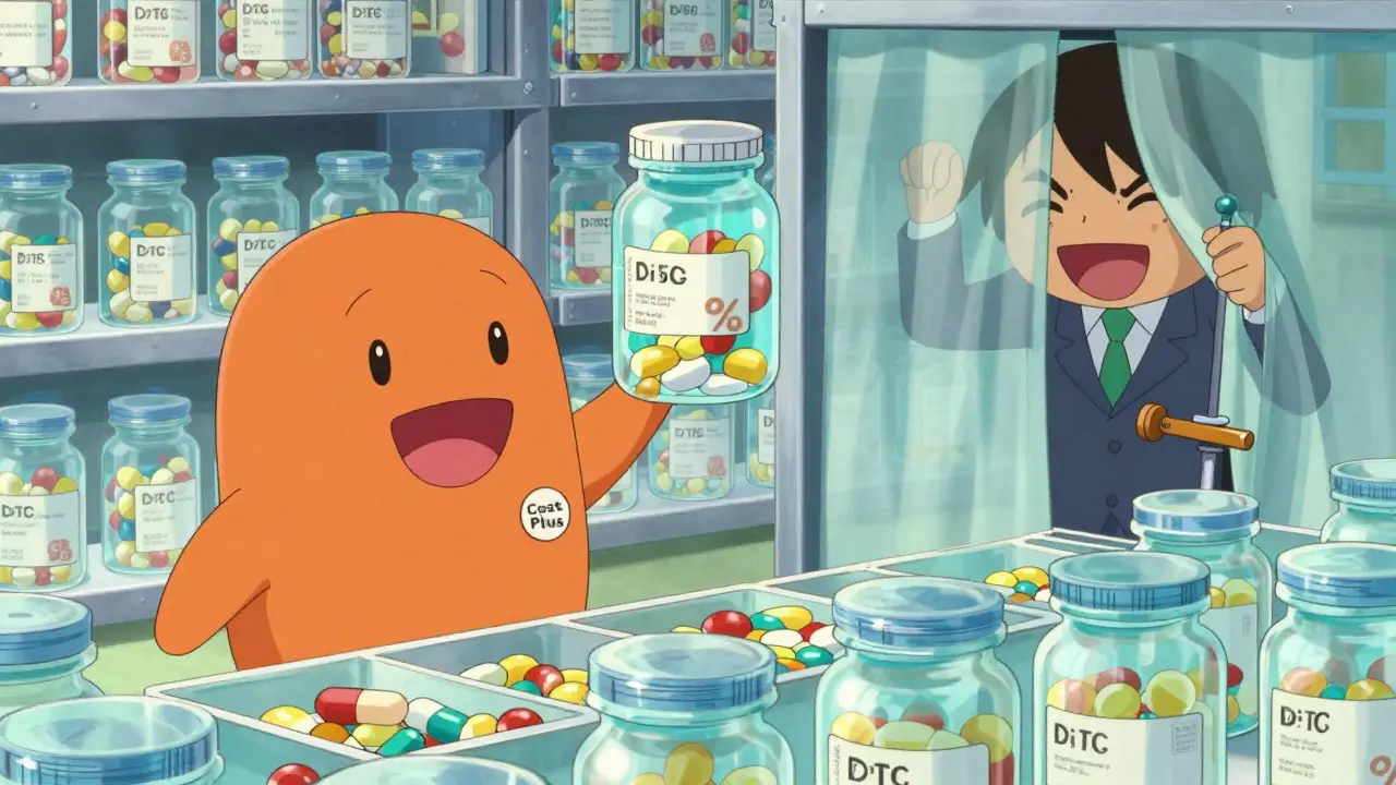 Anime style: Transparent DTC pharmacy sorting pills simply vs hidden PBM manipulation in colorful, expressive art.