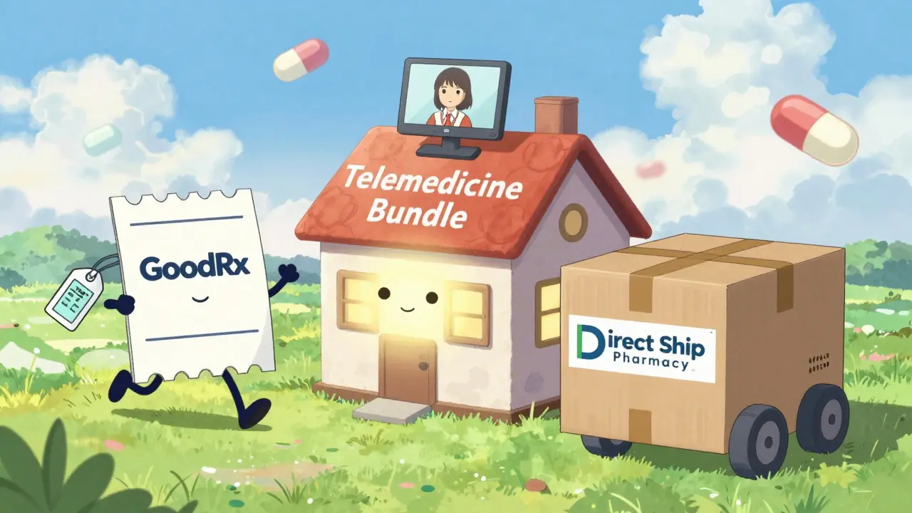 Anthropomorphic pharmacy options: coupon, telehouse, and shipping box
