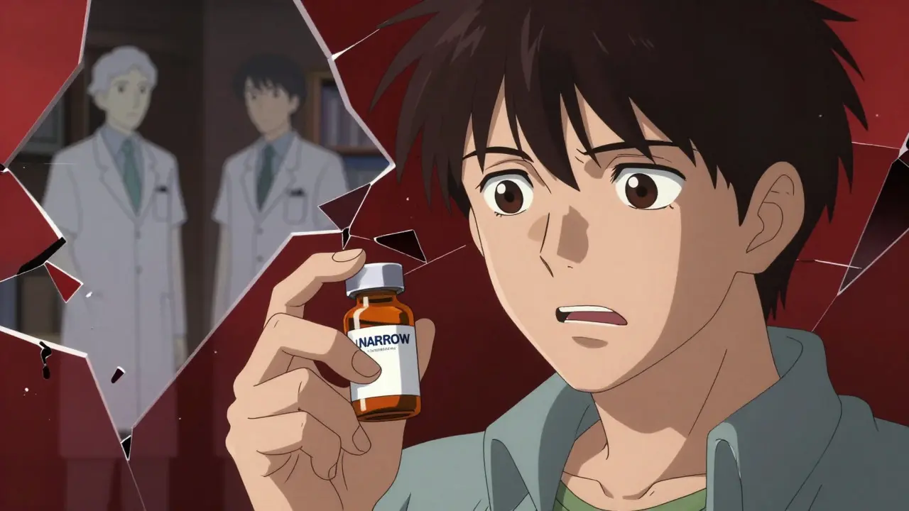 Anxious patient holding medication with fracturing background, representing NTI drug risks.