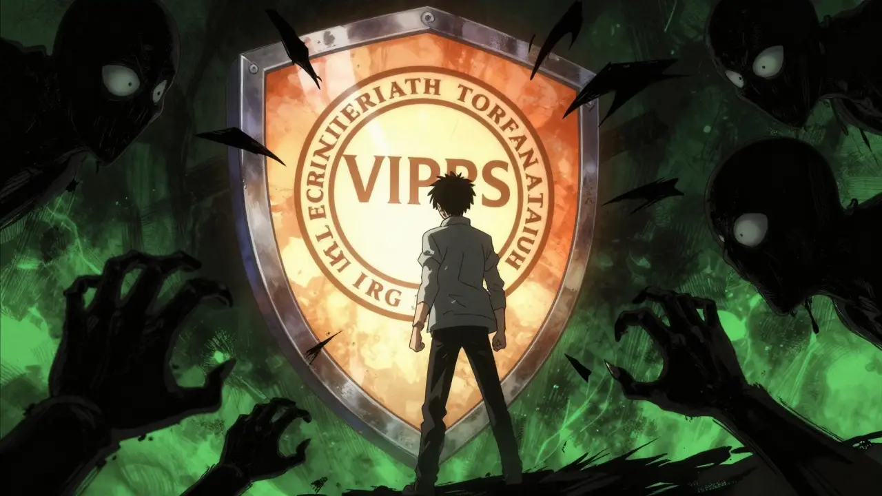 Character protected by VIPPS shield from shadowy counterfeit drug threats