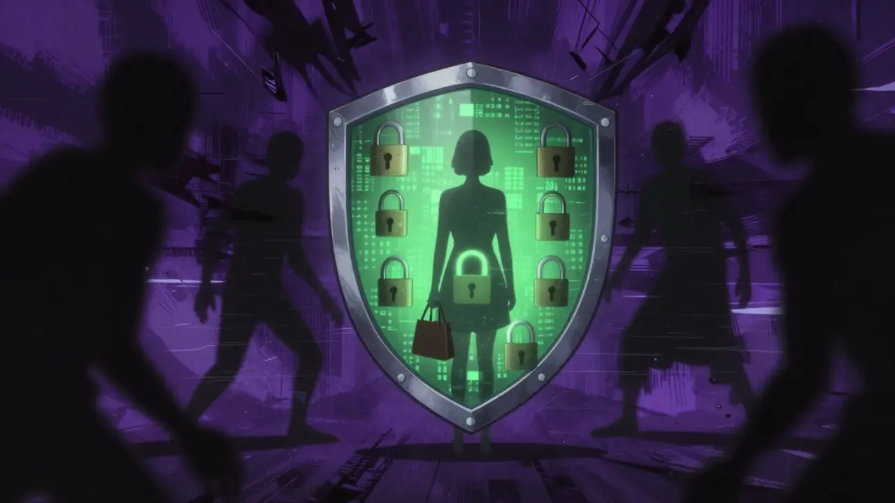 Digital shield protecting shopper from shadowy scam figures in manga style