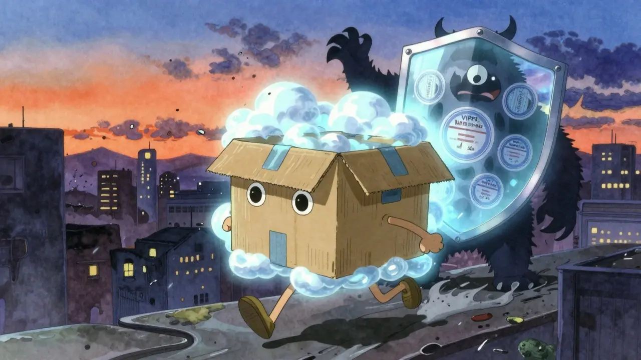 Dreamlike anime scene of a running medicine package protected by a safety shield.