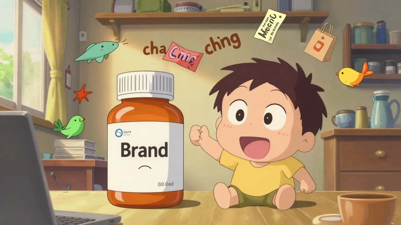 Happy shopper comparing bulk generic medicine bottles in a whimsical anime room