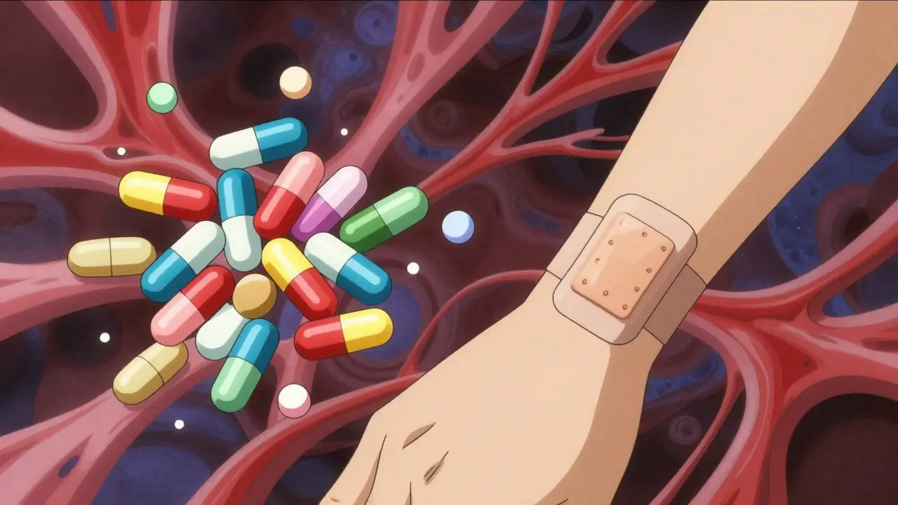 Illustration comparing Clonidine tablets and transdermal patches in an abstract style.