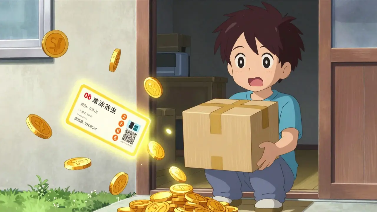 Medication package arriving at a home with visual metaphors for cost savings.