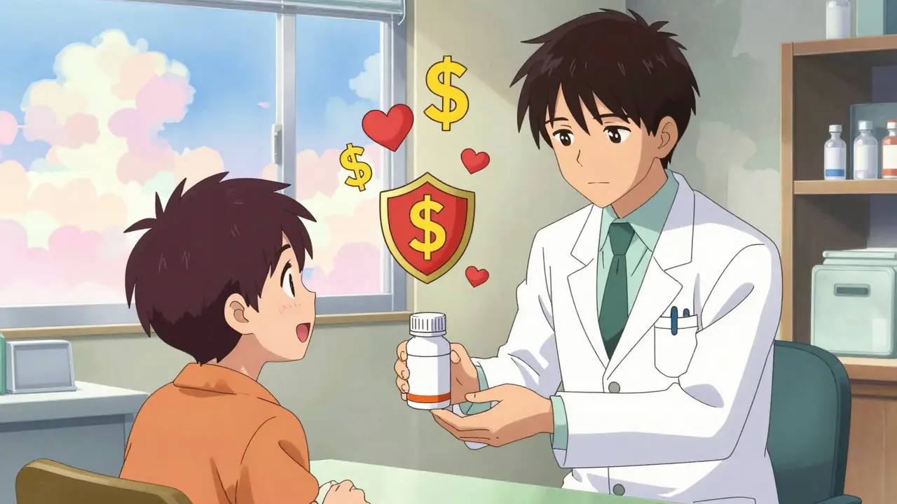 Pharmacist handing a prescription to a relieved patient in an anime clinic