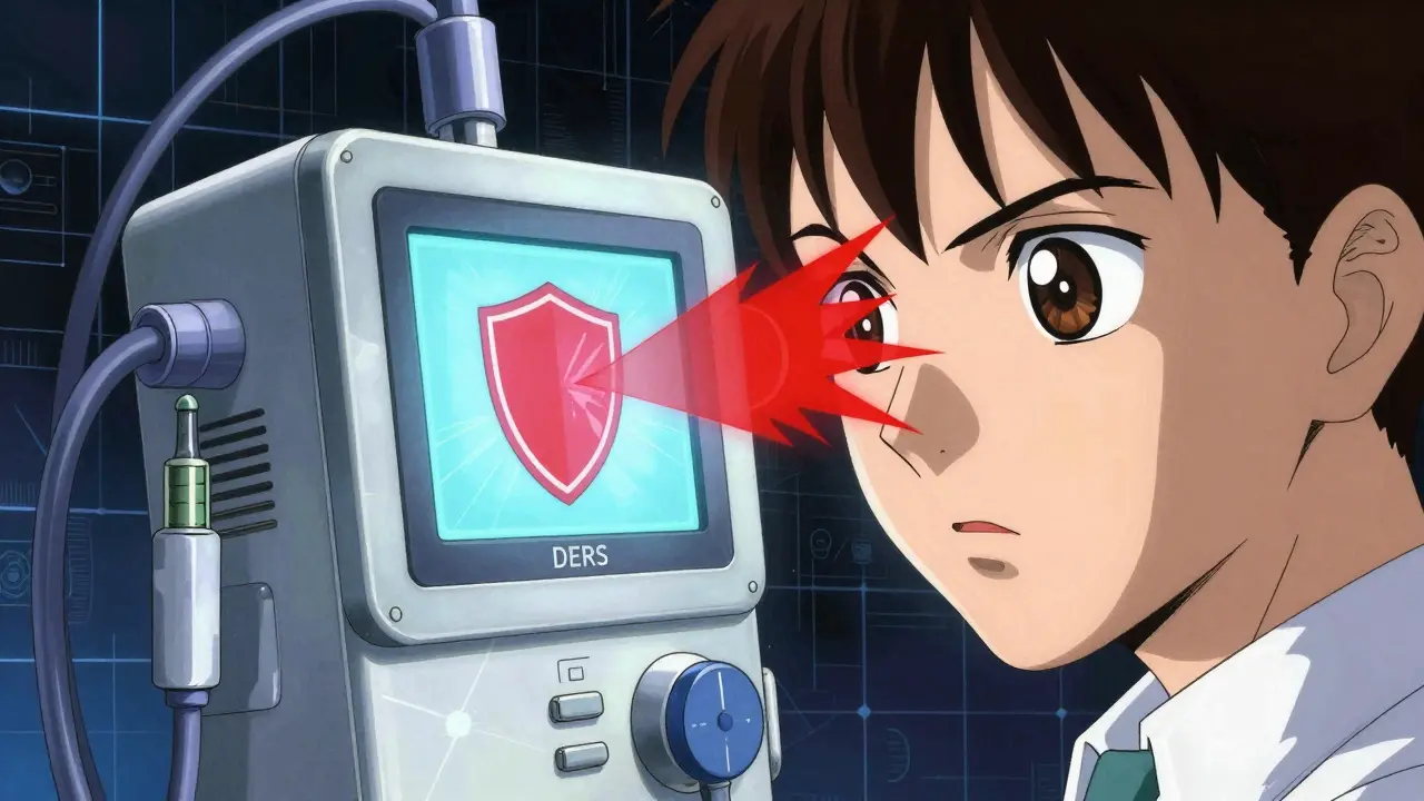 Smart pump with shield icon deflecting errors while a clinician verifies settings in anime art.