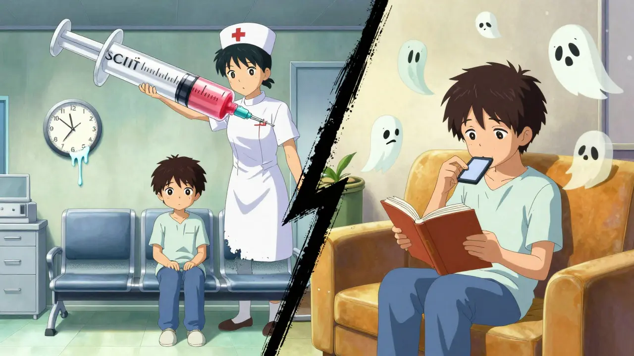 Split screen anime art comparing clinic allergy shots with home sublingual tablets for asthma treatment.