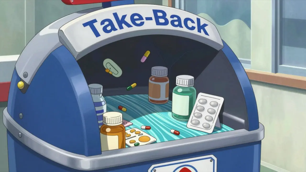 Stylized depiction of medications flowing into a secure take-back bin
