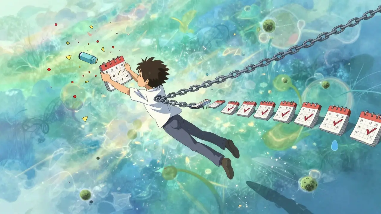 Surreal anime image of a person floating free as broken medication chains turn into confetti, symbolizing asthma relief.