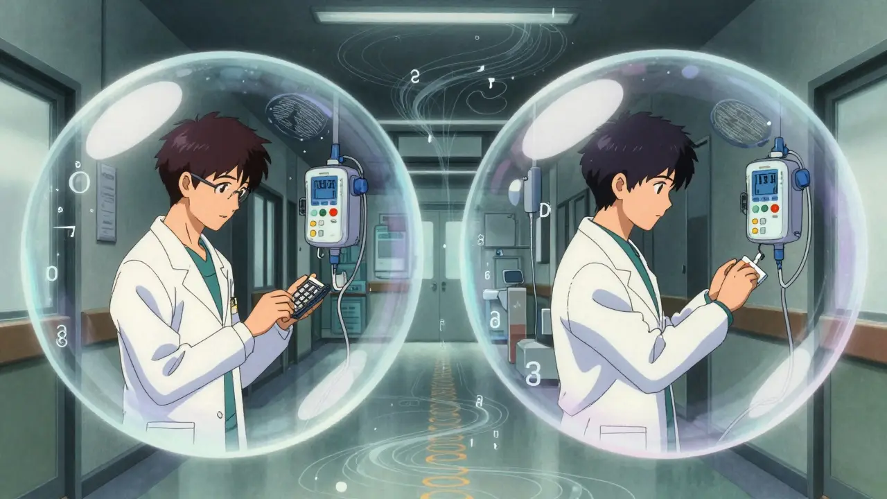 Two clinicians in separate bubbles performing independent medication checks in anime style.