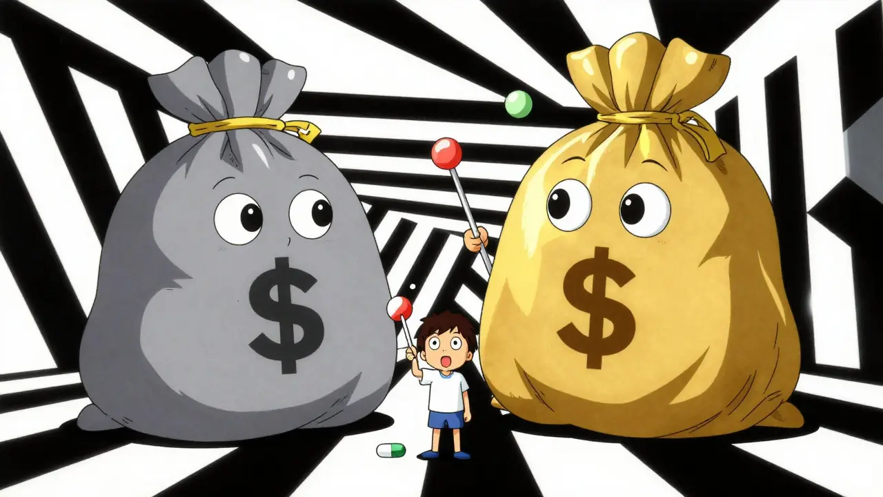 Whimsical anime illustration showing cost savings with giant money bags and colorful pills.