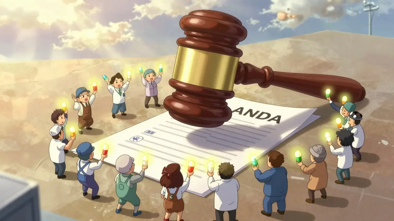 Whimsical scene of FDA approval process with dancing figures