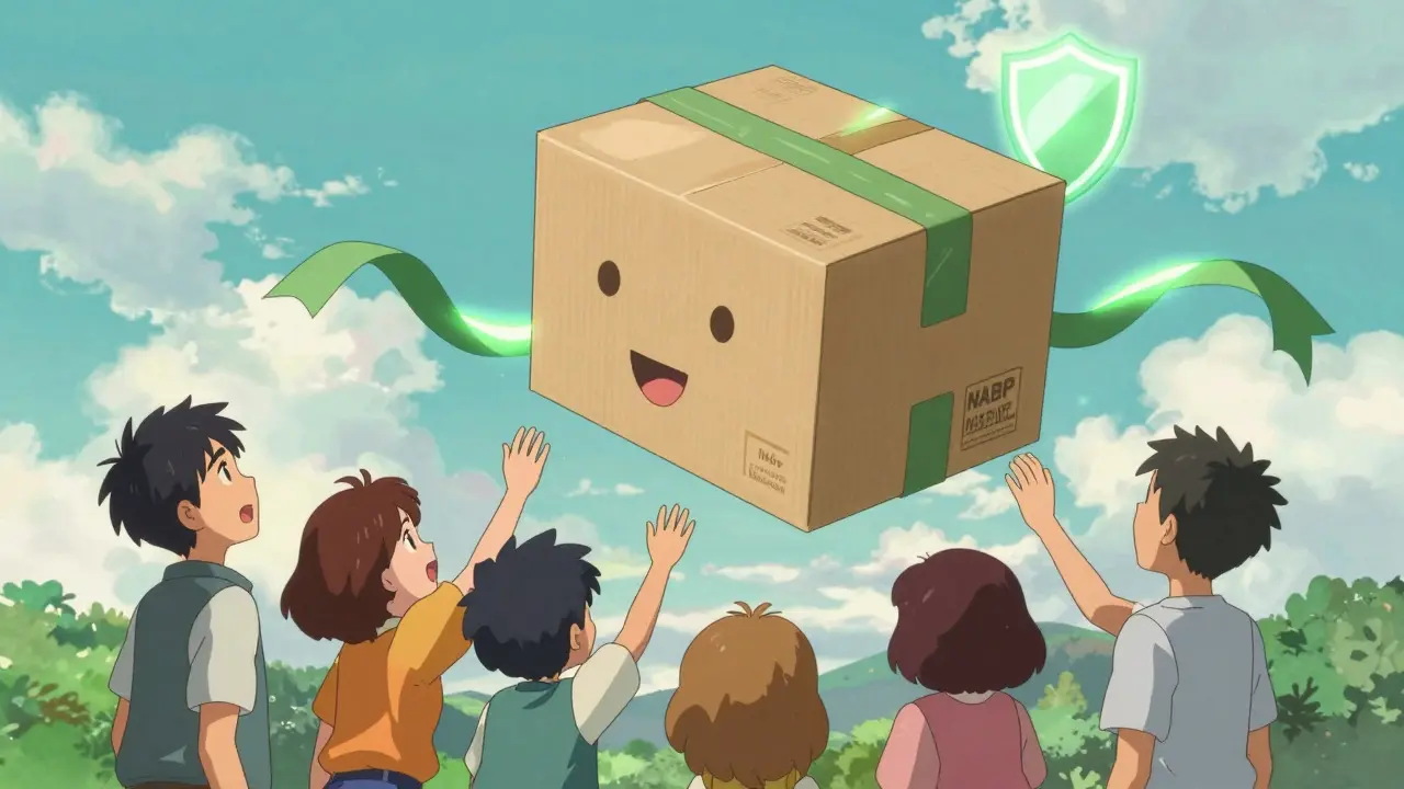 Anime depiction of a secure medication package floating through the sky above hopeful people