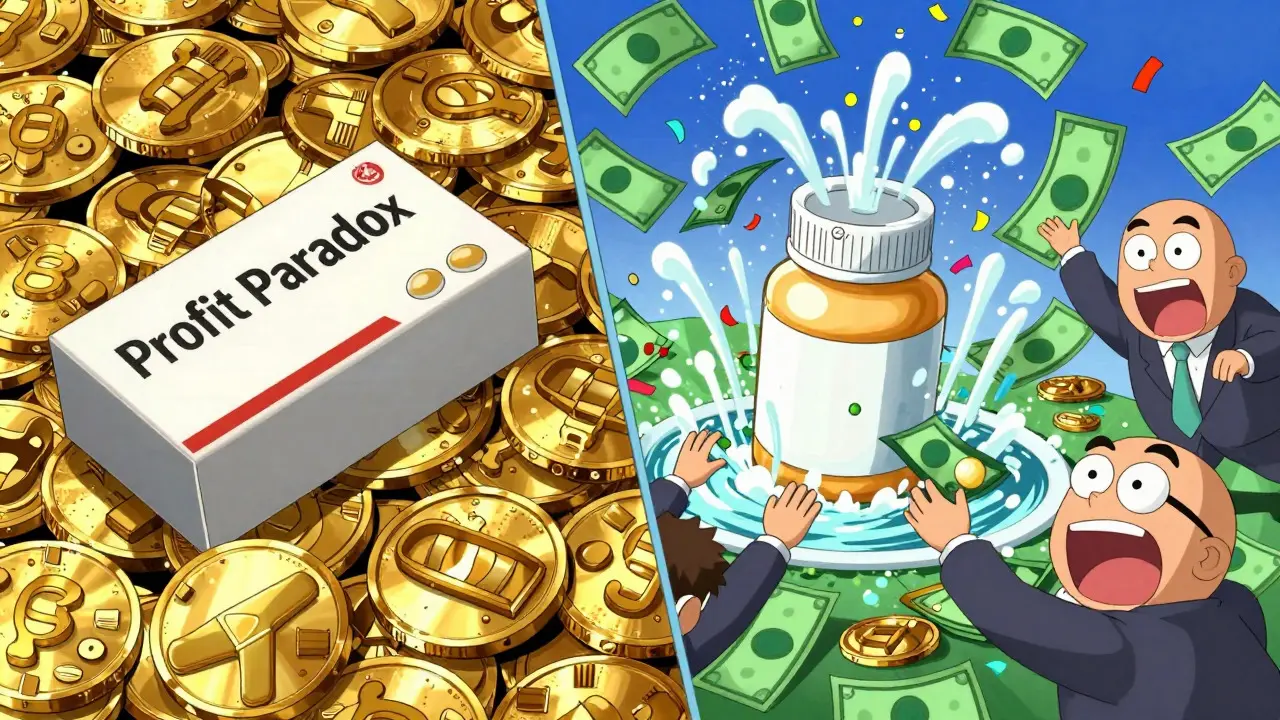 Anime illustration of generic drugs generating more profit than branded ones.