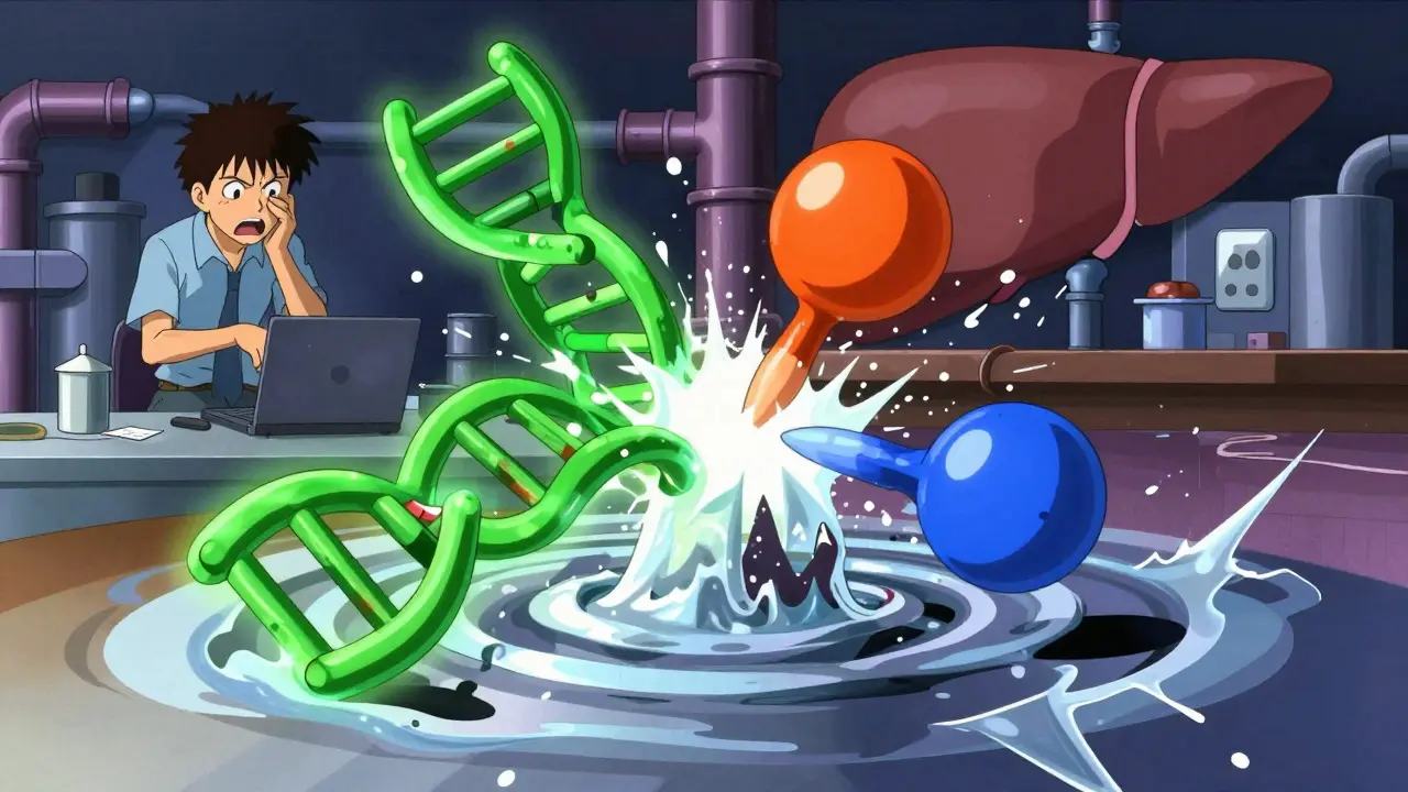 Anime illustration of genes and drugs colliding, warping reality in a vibrant scene.