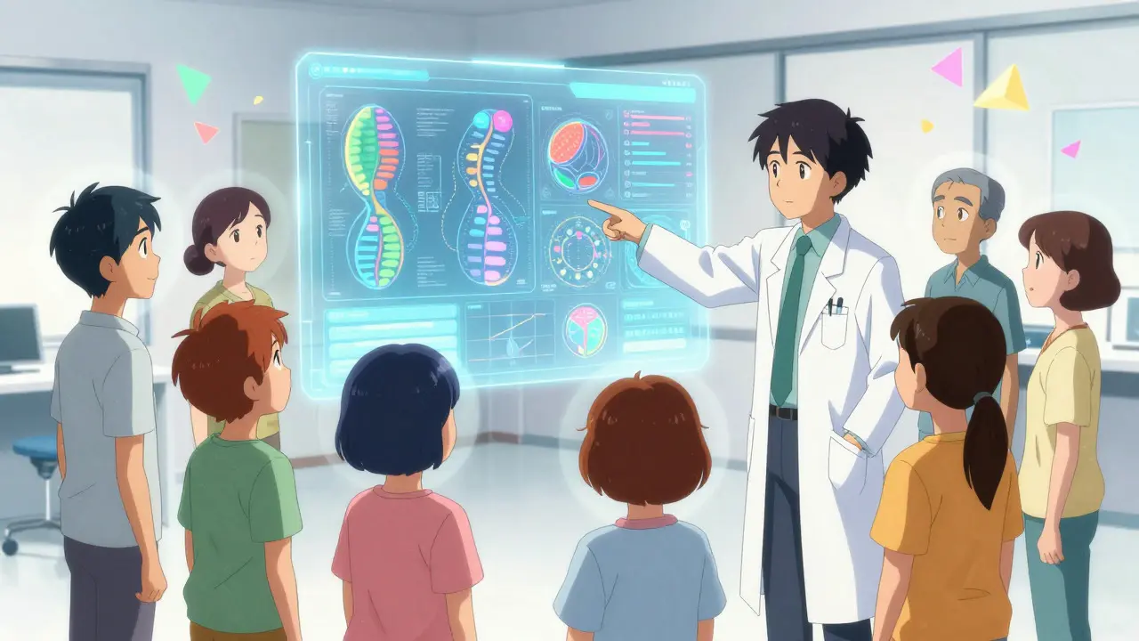 Anime style doctor showing patients their genetic data on a holographic screen.