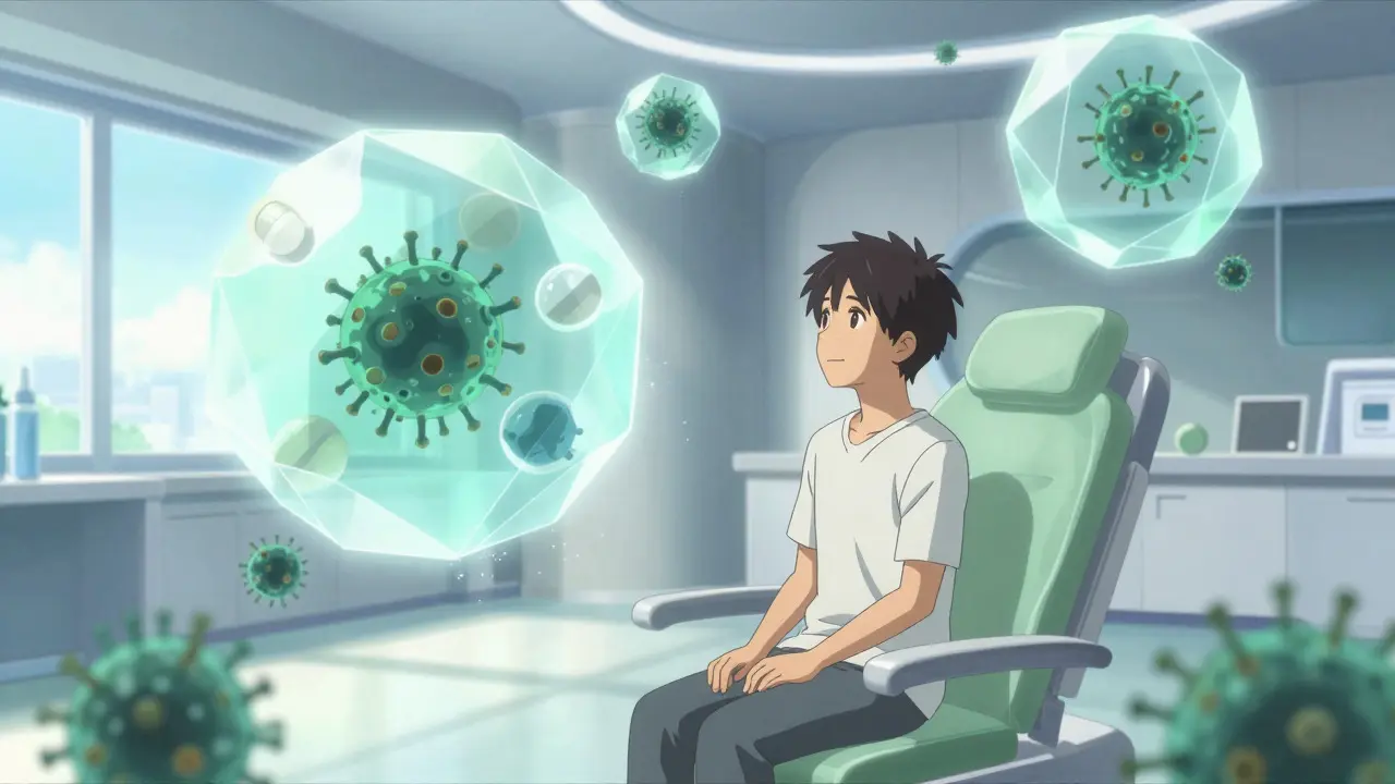 Anime style scene showing antiviral medication molecules neutralizing viruses in a bright, calming clinic.