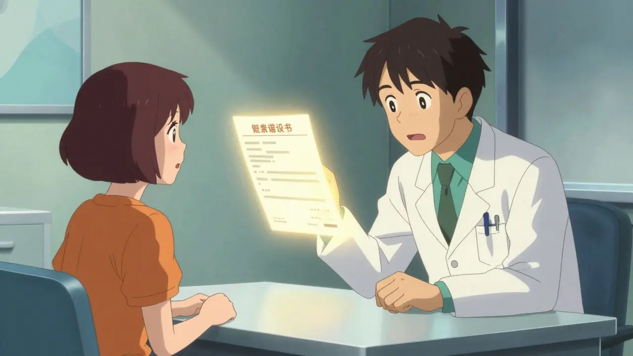 Doctor and patient reviewing an approved electronic prescription in a stylized setting