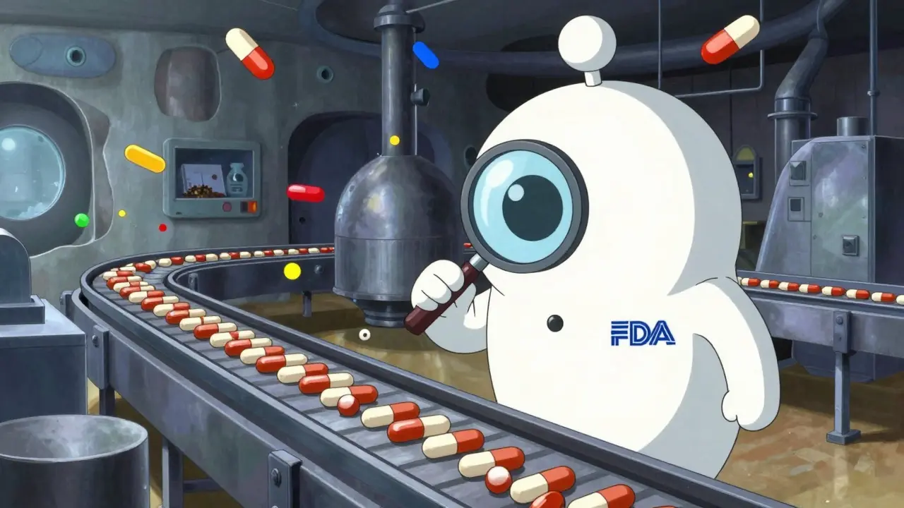 FDA inspector checking pills on a surreal factory conveyor belt