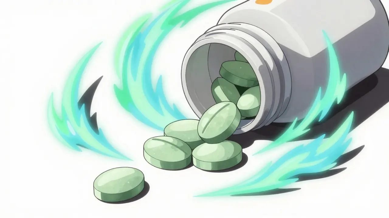 Generic fluvoxamine pills spilling out, surrounded by calming green energy waves