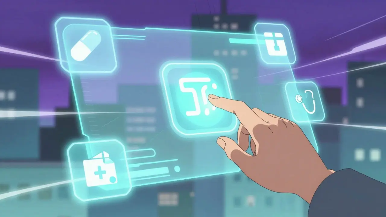 Hand tapping glowing digital interface for online pharmacy order