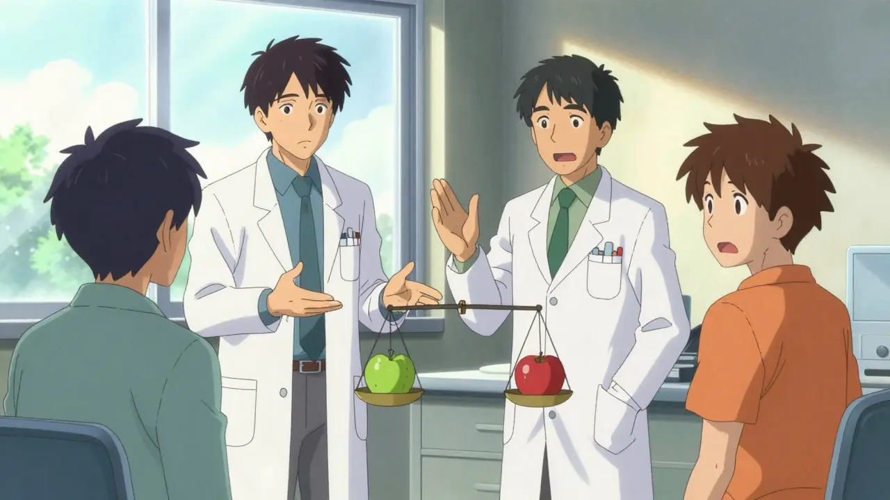 Healthcare providers explaining medication equivalence to a patient