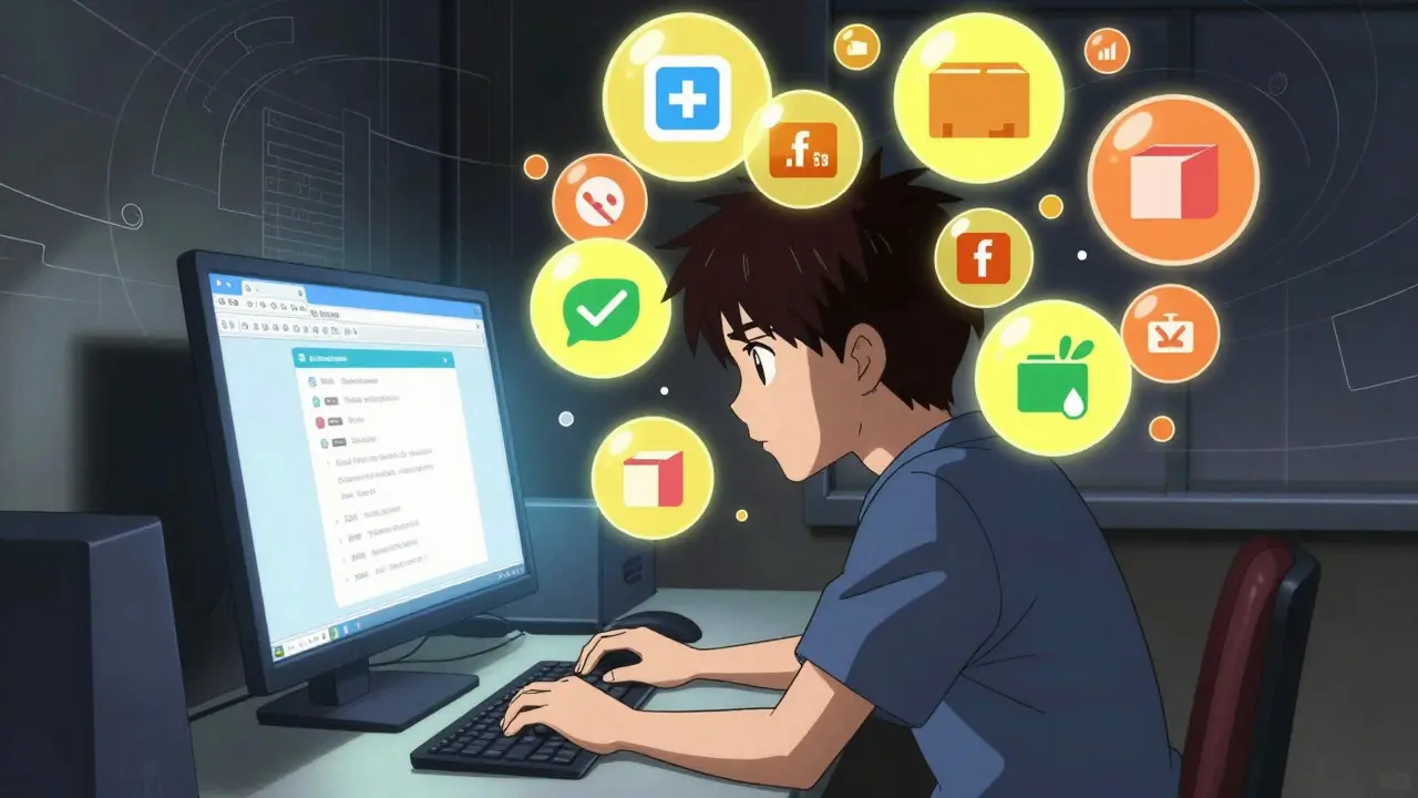 Manga-style character surrounded by floating icons representing online pharmacy options