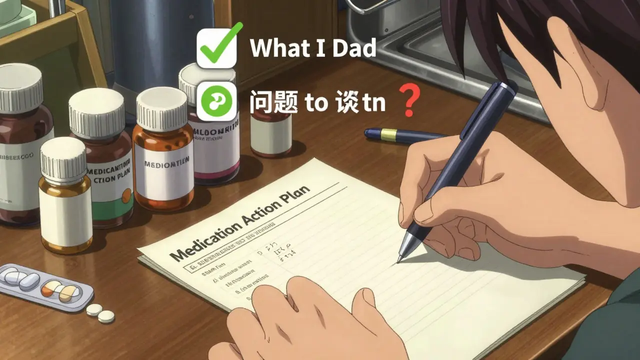 Manga style patient organizing pill bottles and updating a medication action plan on a kitchen table.