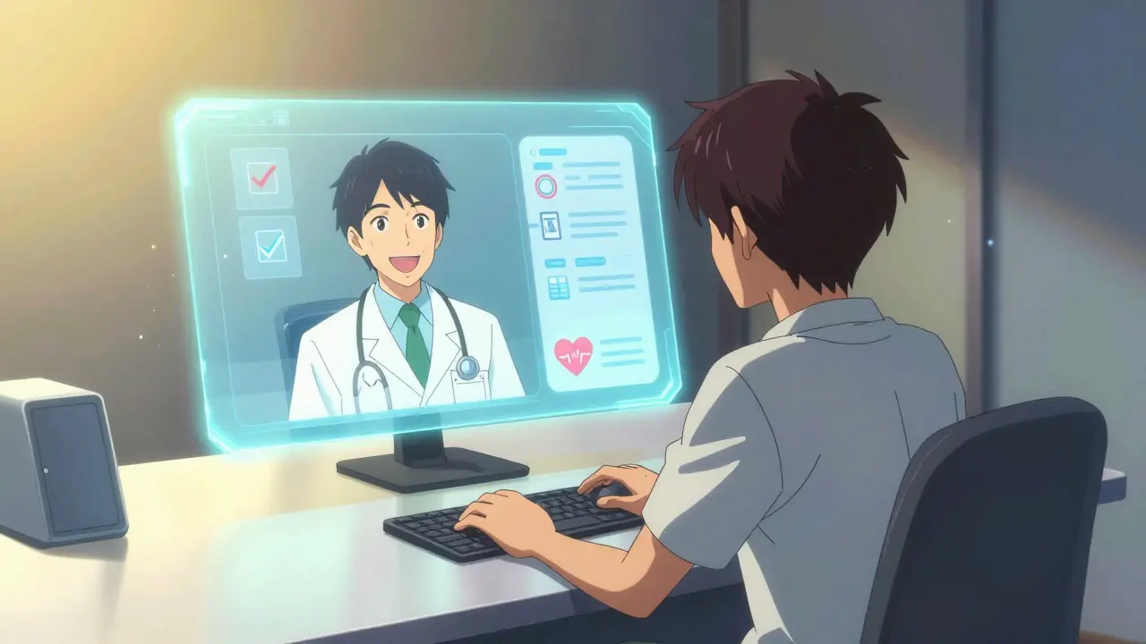 Manga-style scene of a patient consulting with a doctor via a glowing holographic telehealth interface