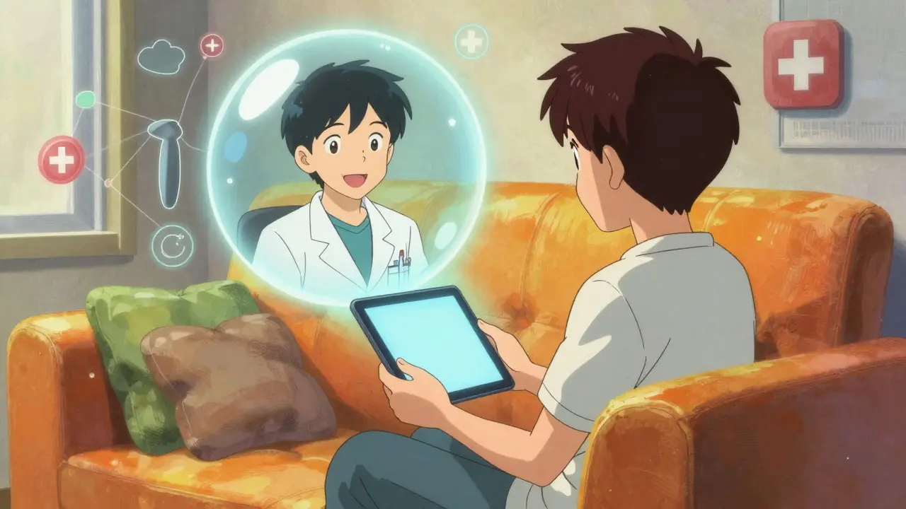 Patient consulting with a doctor via tablet in a colorful, surreal living room