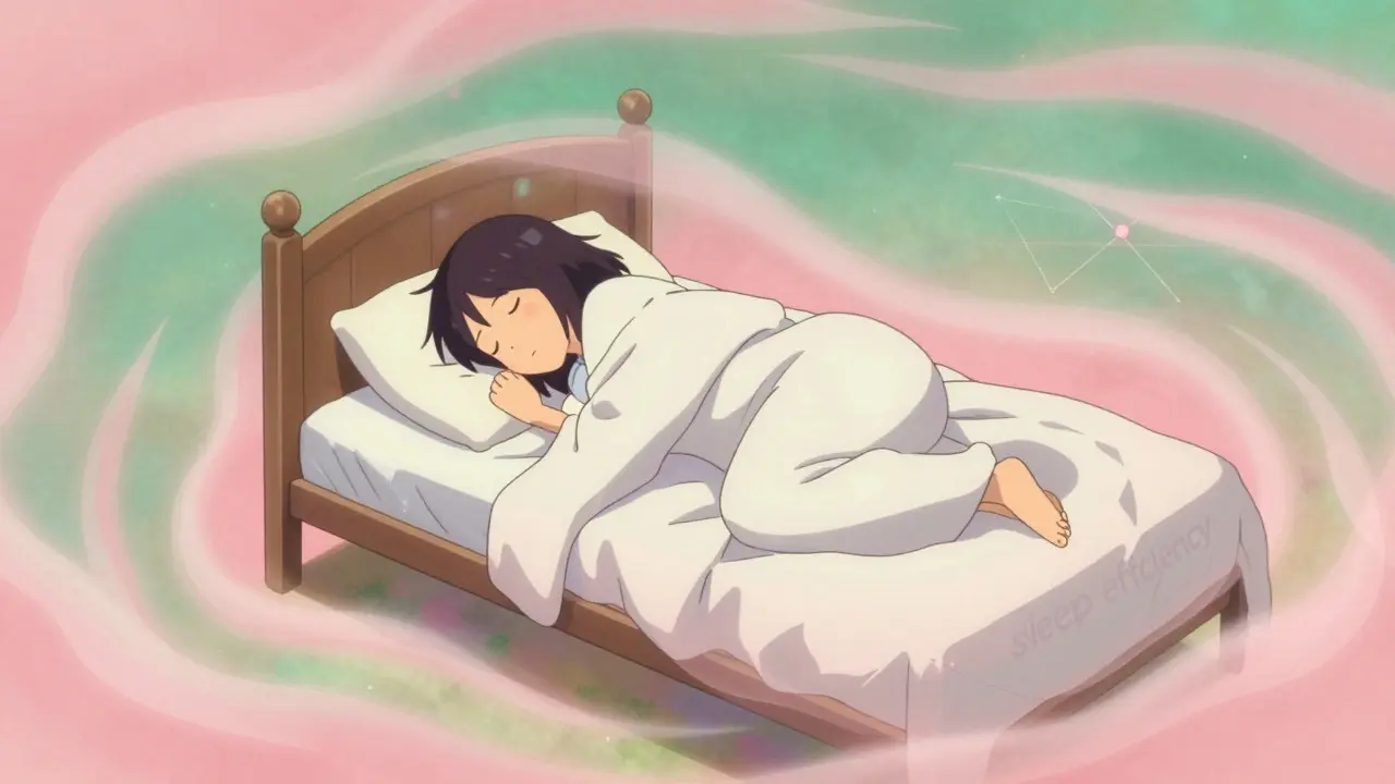 Peaceful sleeper surrounded by calming pastel swirls and patterns
