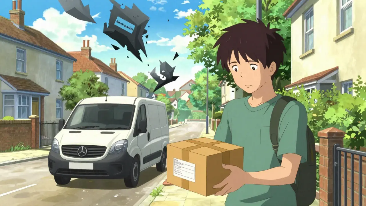 Person receiving a safe medication package from a courier on a sunny street