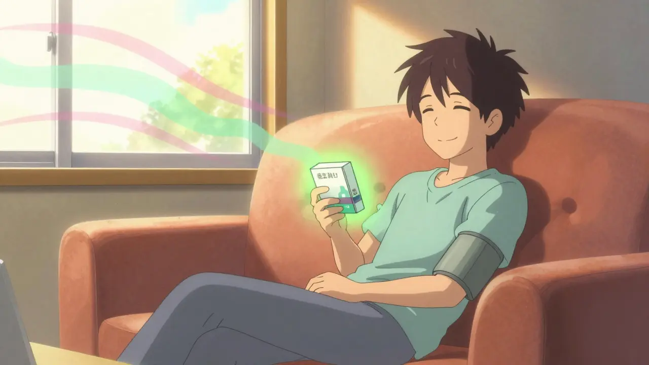 Relaxed person holding medication box in sunlit room