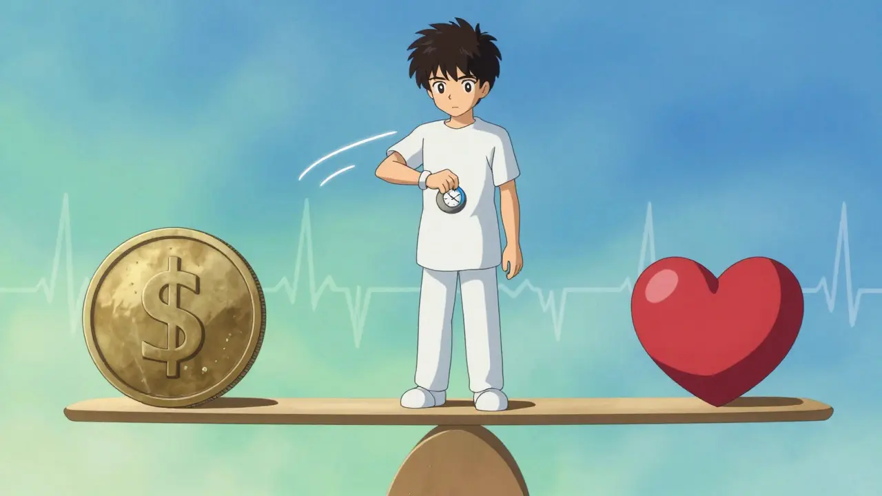 Stylized anime figure balancing health and cost on a beam made of medication