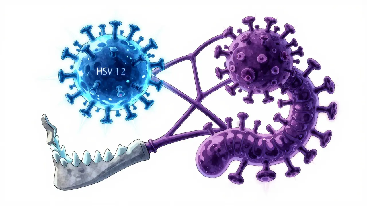 Stylized anime illustration comparing HSV-1 and HSV-2 viruses as distinct colorful creatures near nerves.