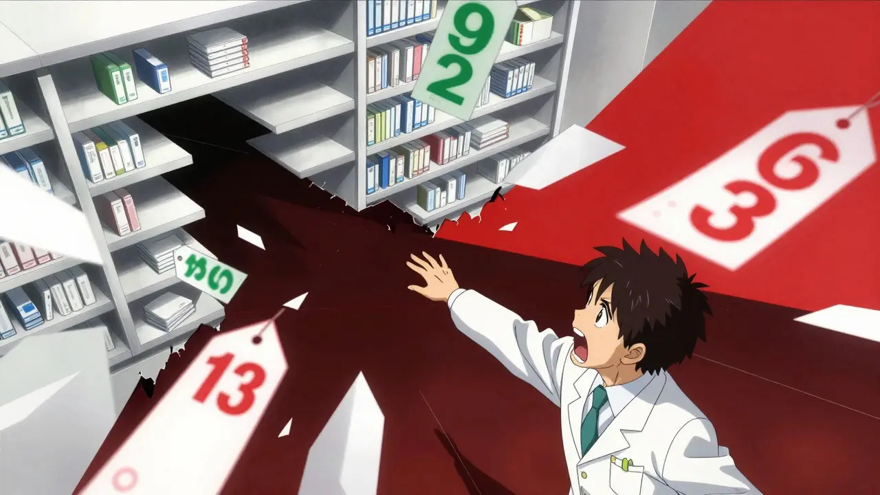 Stylized anime scene of a pharmacist facing empty shelves and rising prices.