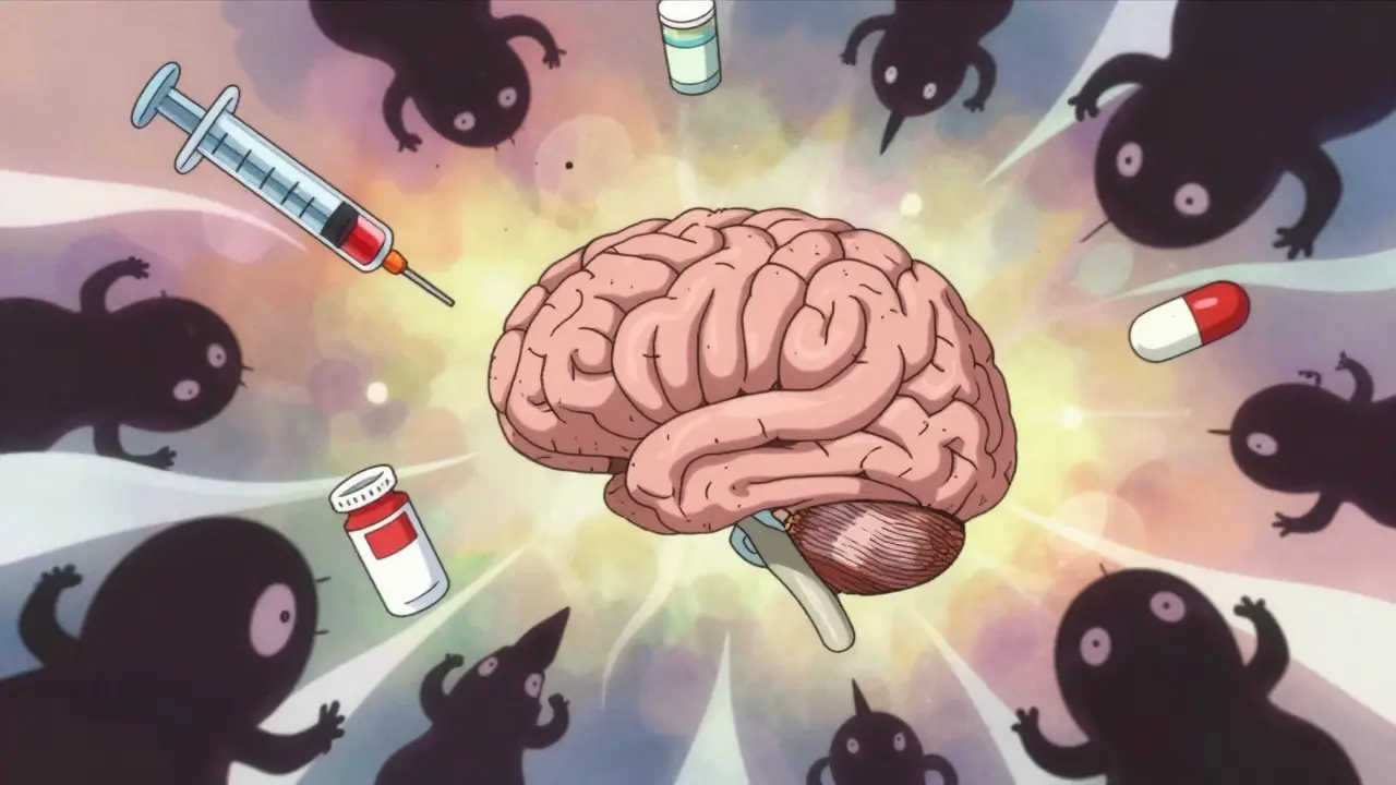 Surreal anime depiction of nocebo effect affecting pill perception