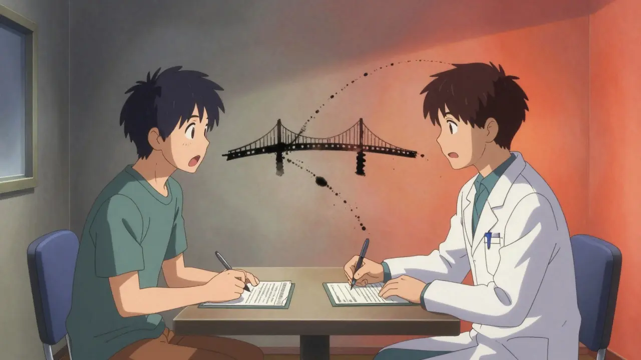 Surreal anime scene of patient and doctor collaborating on a medication plan with ink forming bridges.