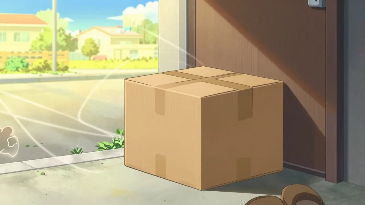 Unmarked delivery box arriving at a doorstep under a bright sky