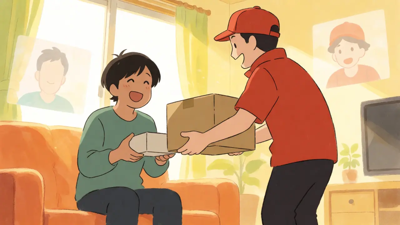 Happy person receiving medication package with telehealth visuals in anime style
